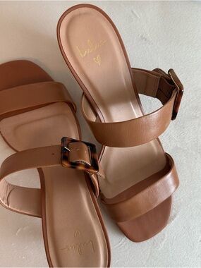 Lulu's Brown Double-Strap Slide Mules with Tortoiseshell Buckle, Sz 9.5